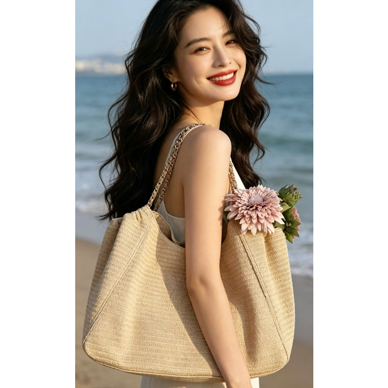 Women Bags Large - Chain Raffia 2026 Summer Beach Straw