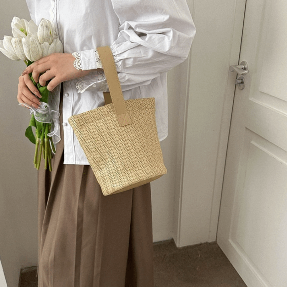 Fashion PU Straw Bucket Bag Ko - مراجعة Woven Straw Bag وسعره