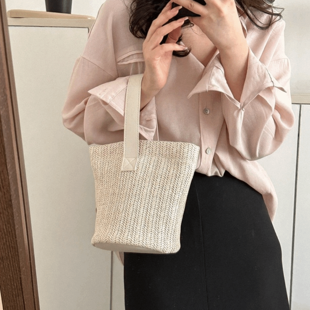 Fashion PU Straw Bucket Bag Ko - مراجعة Woven Straw Bag وسعره
