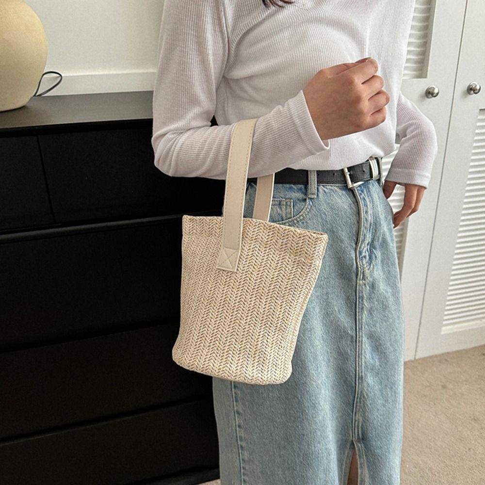 Cute PU Straw Bucket Bag Korea - مراجعة Woven Straw Bag وسعره